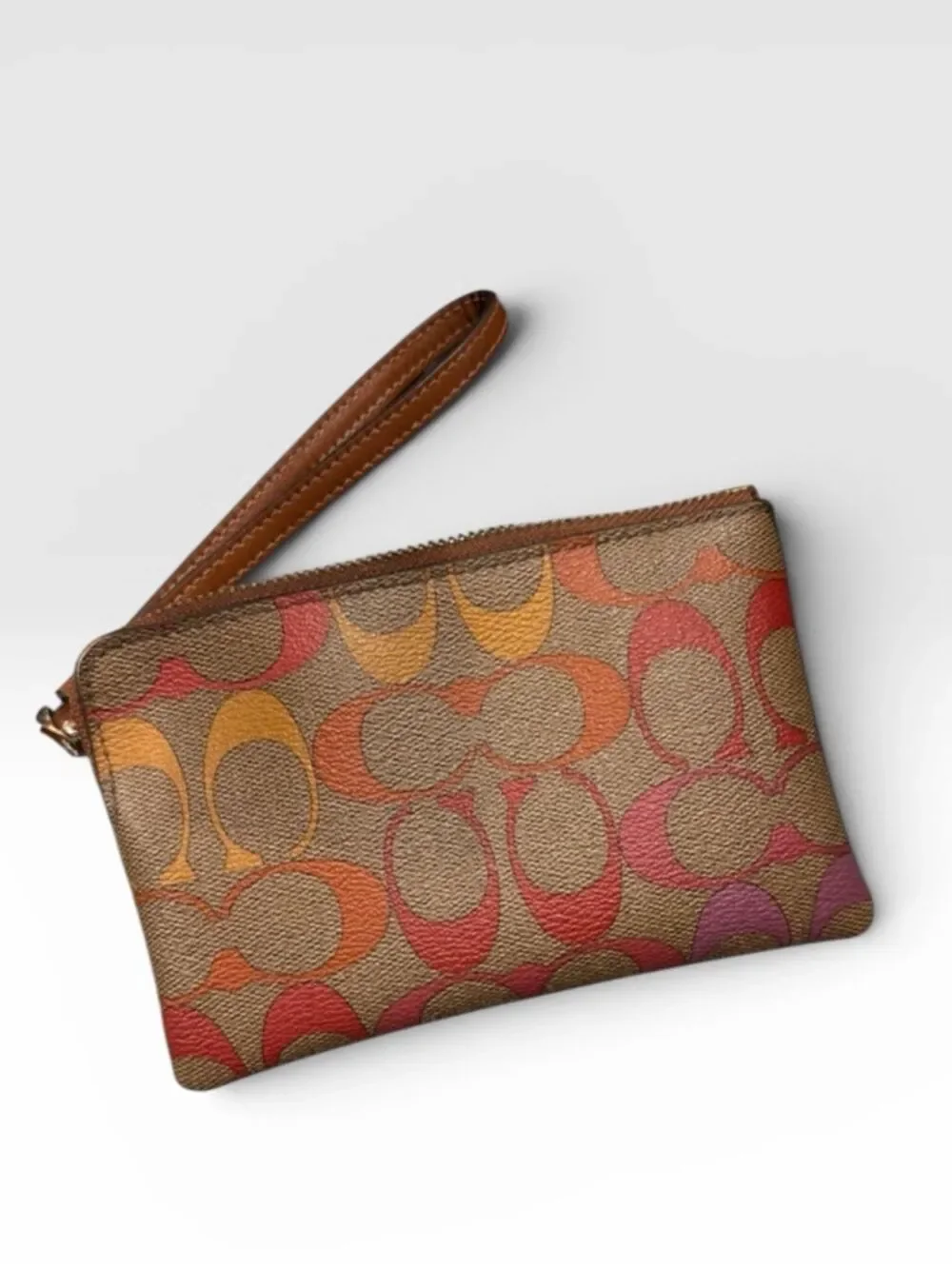 Coach Multicolor Signature Canvas Wristlet Brown Red Orange